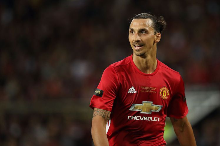 MANCHESTER, ENGLAND - AUGUST 03: Zlatan Ibrahimovic of Manchester United during the Wayne Rooney Testimonial match between Manchester United and Everton at Old Trafford on August 3, 2016 in Manchester, England. (Photo by Matthew Ashton - AMA/Getty Images)